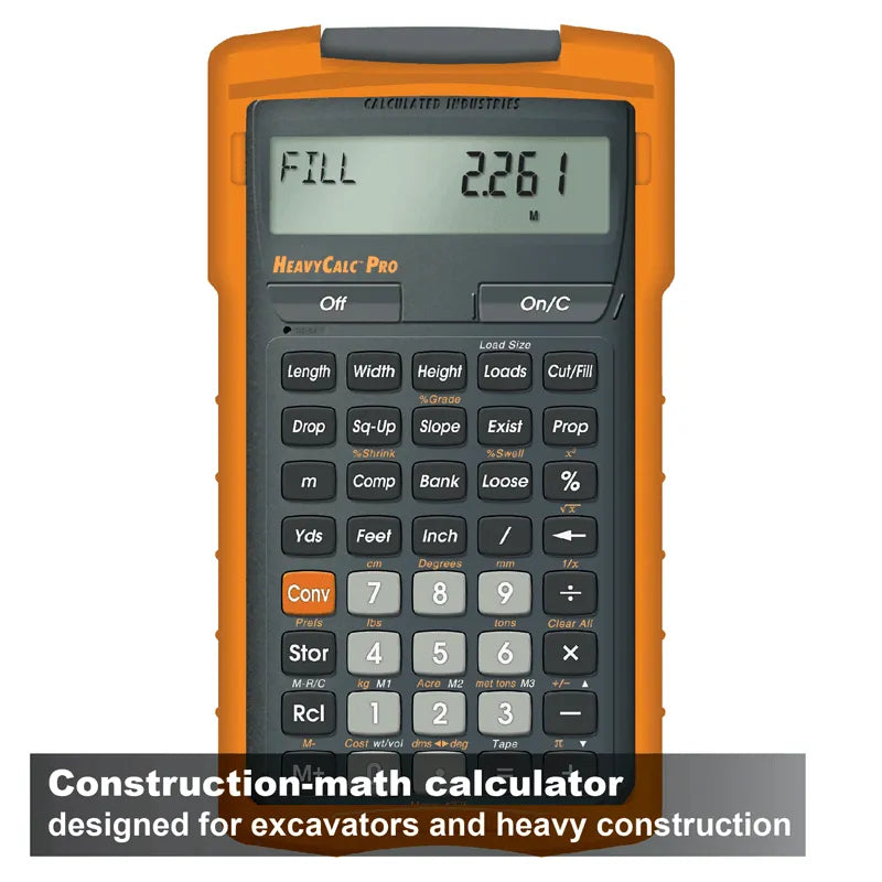HeavyCalc Pro orange construction calculator for excavators and heavy construction projects.