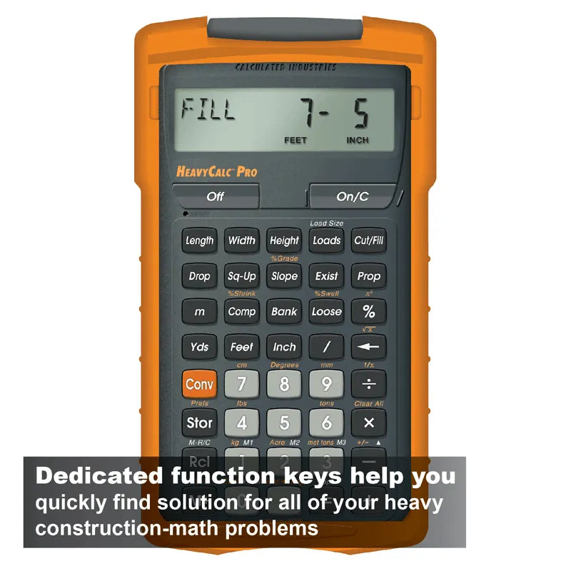 HeavyCalc Pro construction calculator with orange casing, displayed by Underwood Distributing Co.