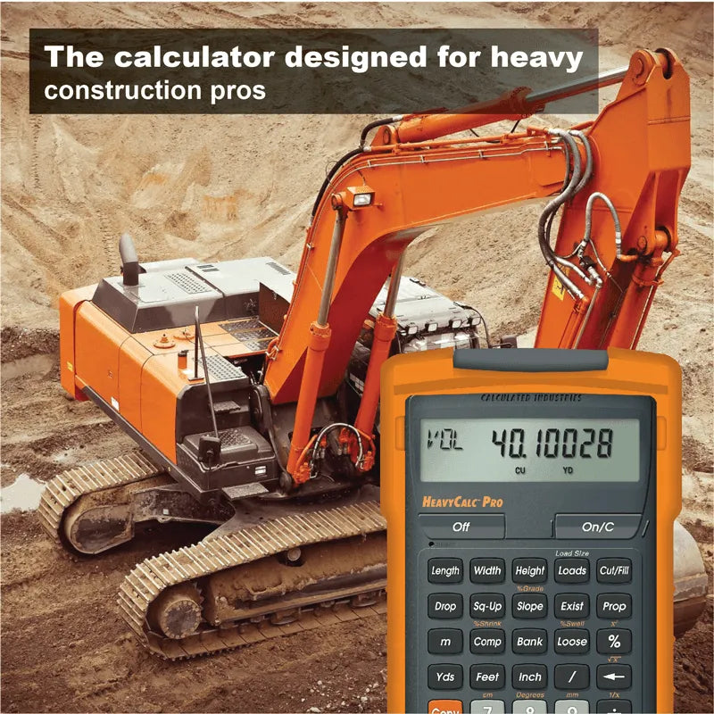 HeavyCalc Pro construction calculator in front of orange excavator on job site, Underwood Distributing Co.