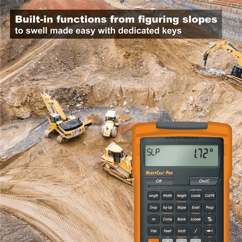 HeavyCalc Pro construction calculator at a construction site with excavators, Underwood Distributing