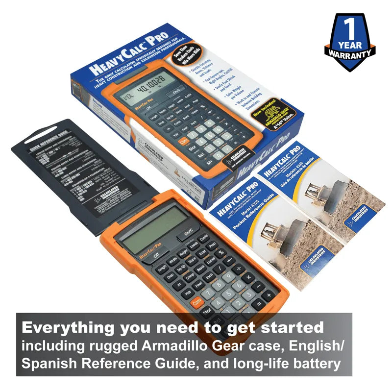 HeavyCalc Pro calculator kit with rugged case, manuals, and 1-year warranty from Underwood Distributing Co.