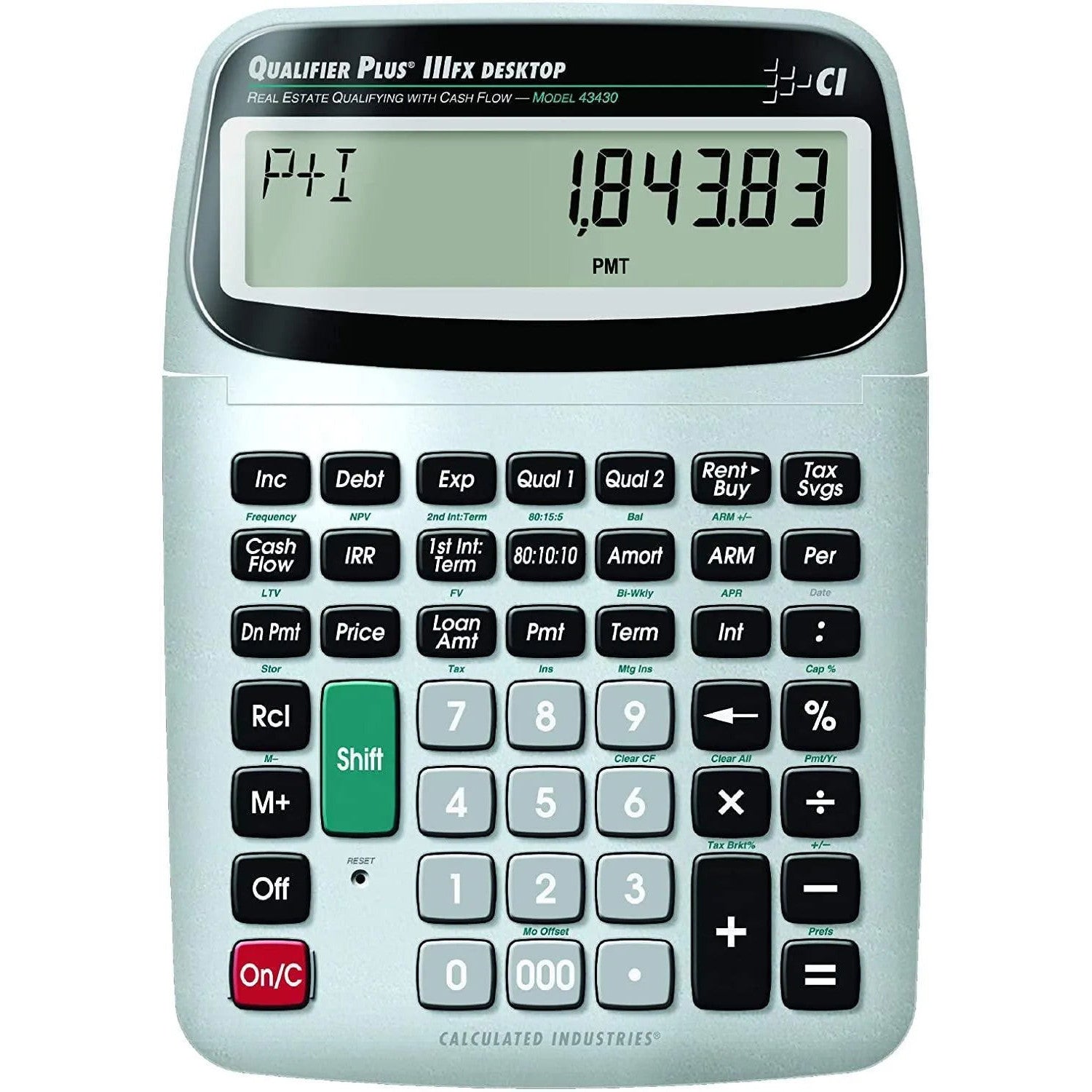 Qualifier Plus IIIFx desktop financial calculator for real estate, model 43430, by Calculated Industries, shown on a white background.