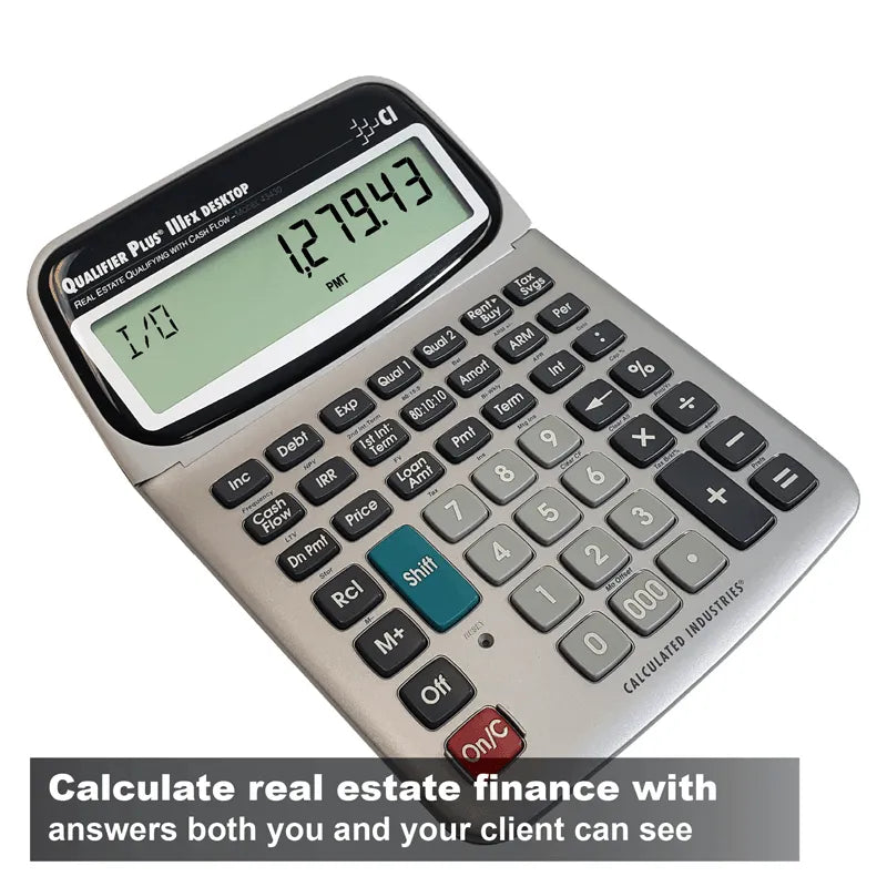 Qualifier Plus IIIx FX desktop real estate finance calculator with large display, offered by Underwood Distributing Co.