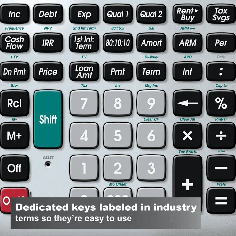 Financial calculator keypad with labeled keys for loan, amortization, tax, and industry terms.