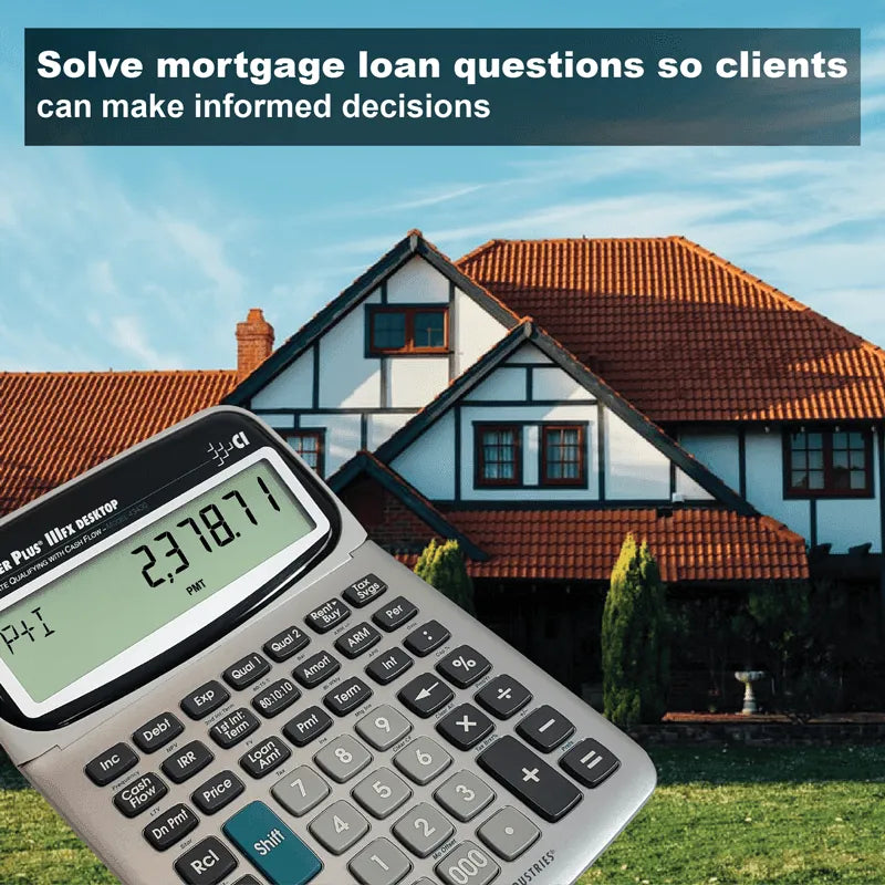 Qualifier Plus IIIfx calculator on grass in front of a house, mortgage loan calculation text shown.