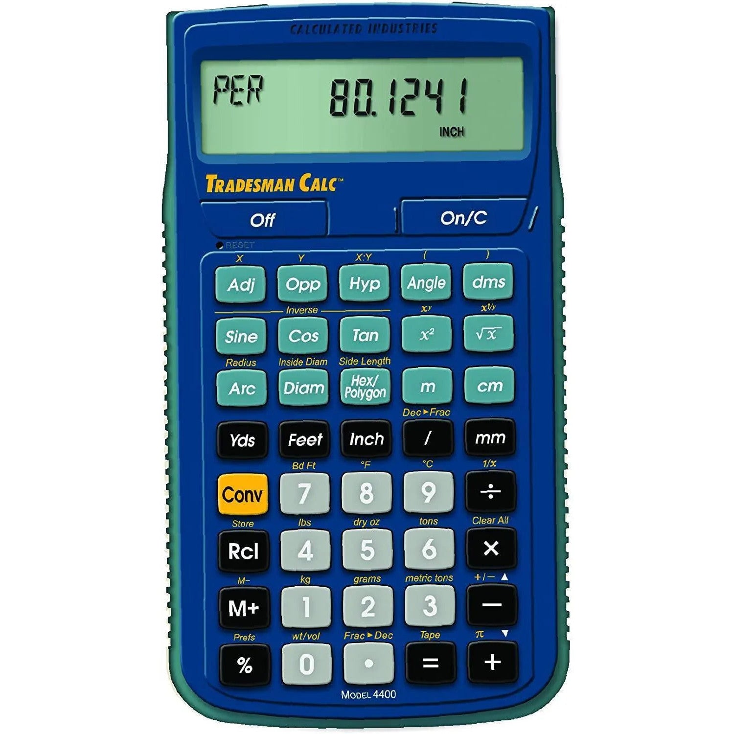 Calculated Industries Tradesman Calc 4400 calculator with scientific and construction functions, blue body.