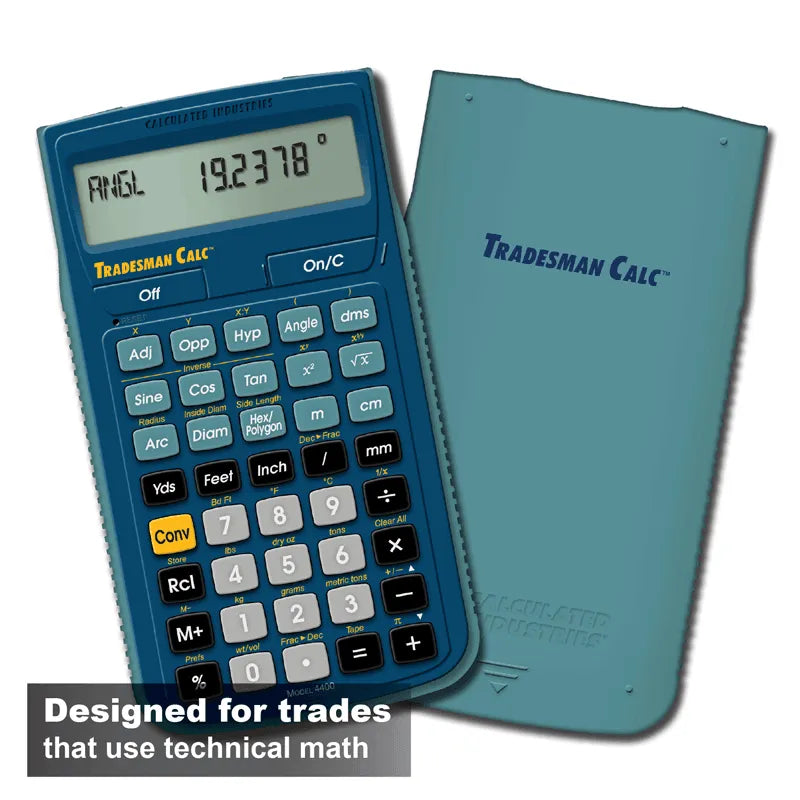 Tradesman Calc calculator with protective cover for technical math, Underwood Distributing Co.