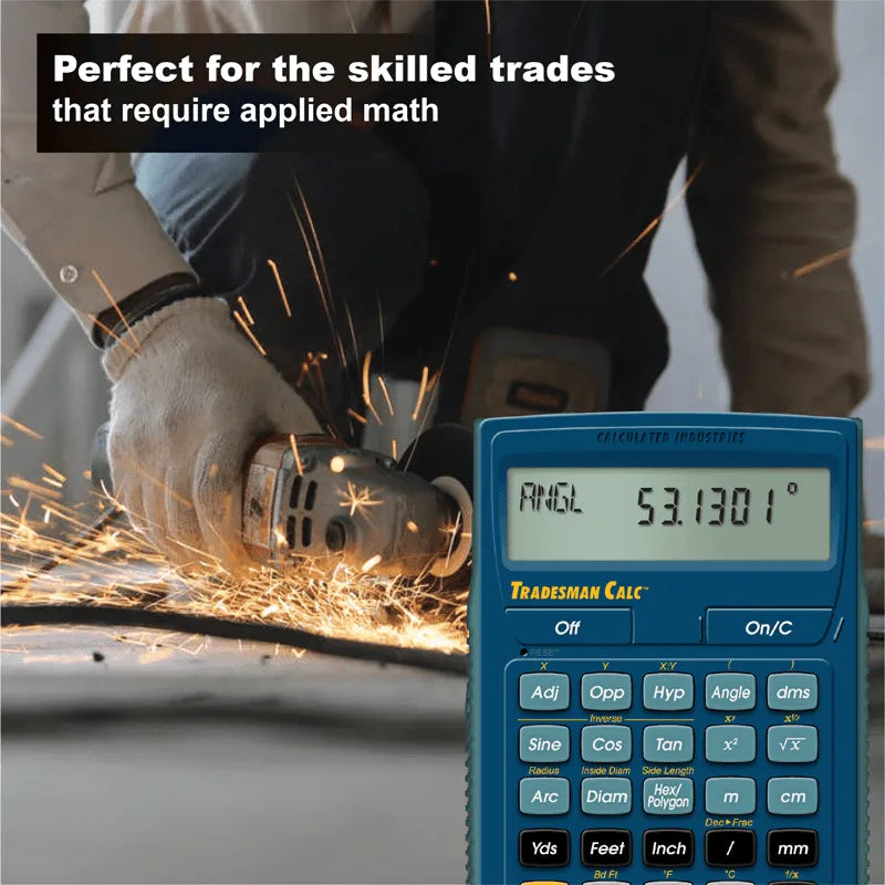 Tradesman using power tool with sparks, Tradesman Calc calculator in foreground, Underwood Distributing Co.
