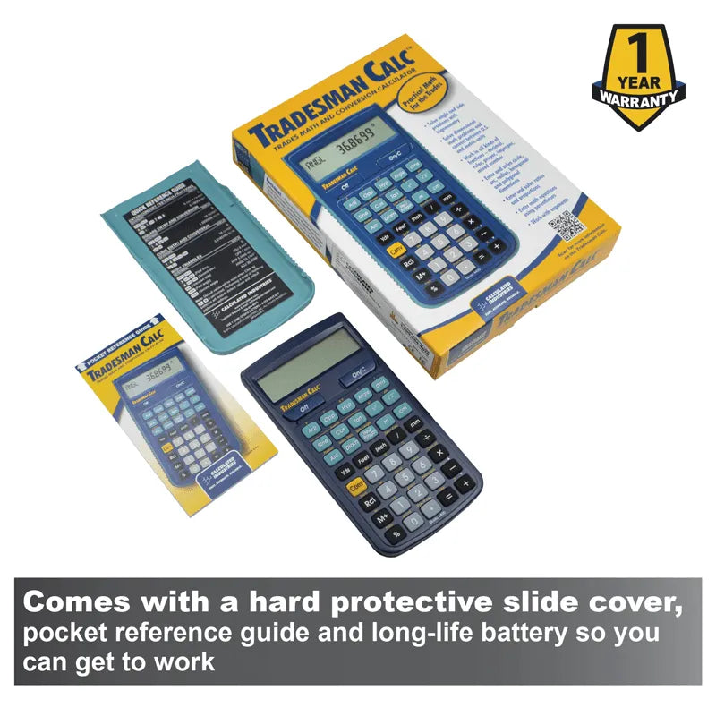 Tradesman Calc calculator with box, reference guide, and hard slide cover from Underwood Distributing Co.