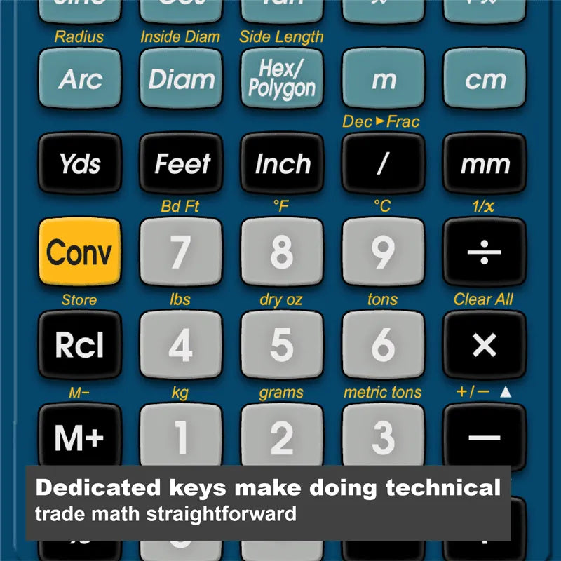 Close-up of tradesman calculator keypad with unit conversion and technical math keys from Underwood Distributing Co.