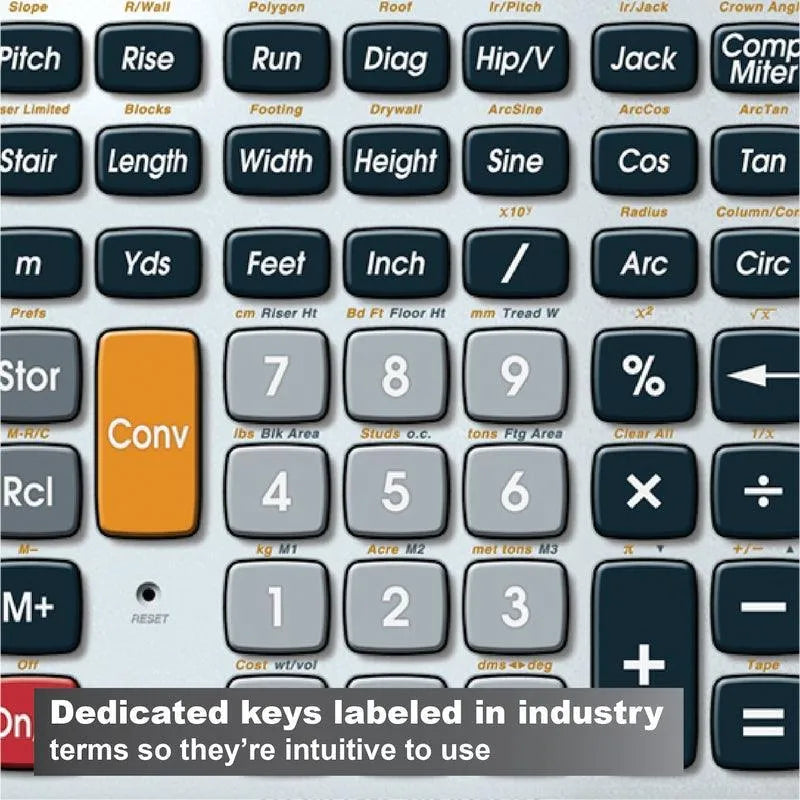 Close-up of a Construction Master Pro calculator keypad with labeled industry keys, sold by Underwood Distributing Co.
