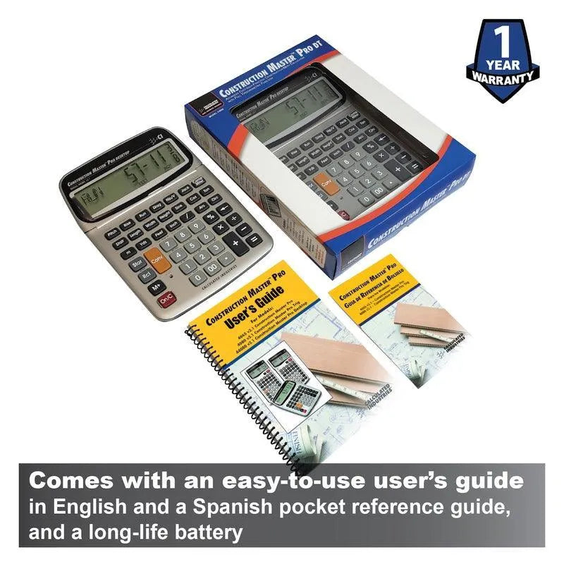 Construction Master Pro DT calculator with box, English and Spanish user guides, Underwood Distributing Co.