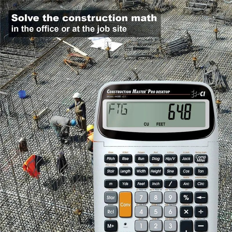Construction Master Pro desktop calculator at jobsite with workers and rebar, Underwood Distributing Co