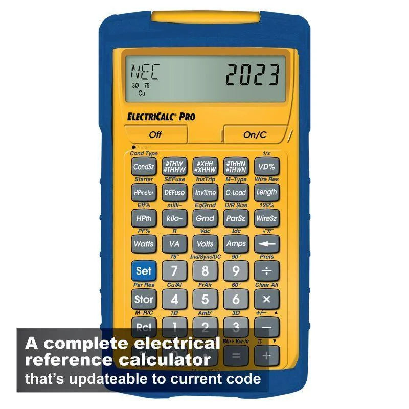Electricalc Pro yellow and blue electrical calculator with NEC 2023 display, sold by Underwood Distributing Co.