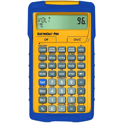 Electrical calculator with yellow and blue design, displaying 'VOLT' and '96.' on screen, sold by Underwood Distributing Co.