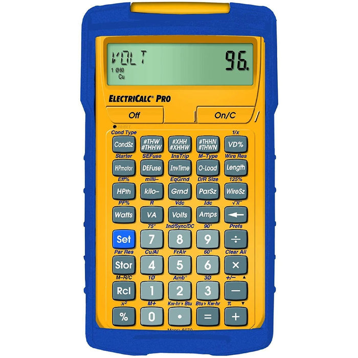 Electrical calculator with yellow and blue design, displaying 'VOLT' and '96.' on screen, sold by Underwood Distributing Co.