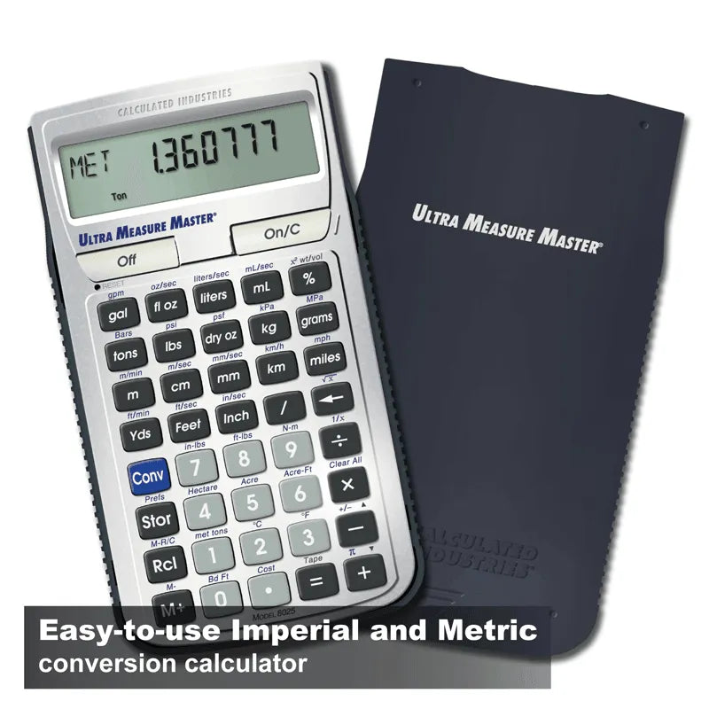 Ultra Measure Master conversion calculator with cover, ideal for metric and imperial measurements