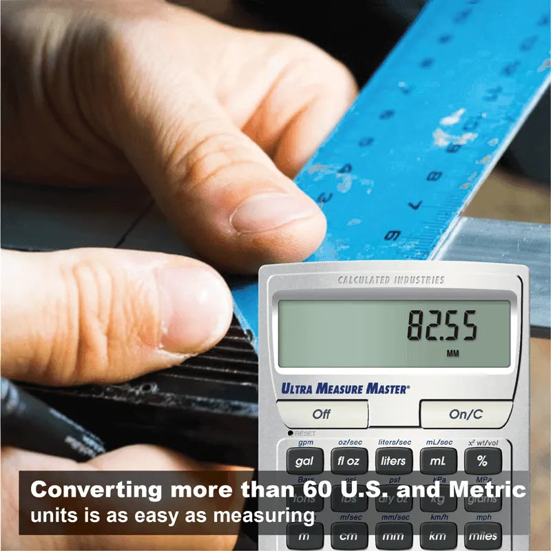 Ultra Measure Master calculator displaying metric conversion near hands measuring with blue ruler