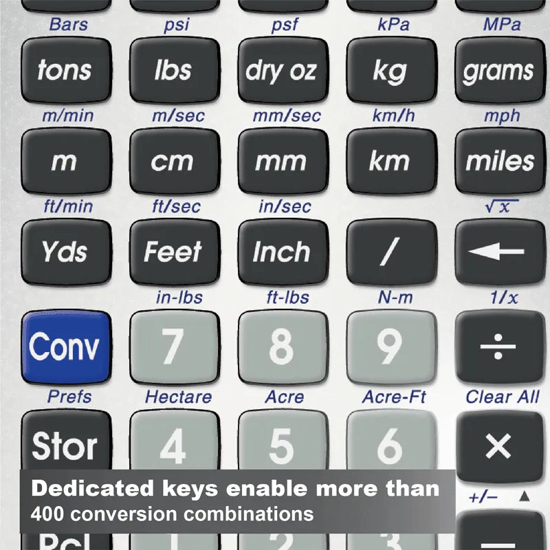Close-up of Ultra Measure Master calculator keypad with conversion keys, sold by Underwood Distributing Co.