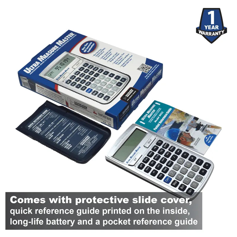 Ultra Measure Master calculator with box, slide cover, reference guide, and 1-year warranty badge
