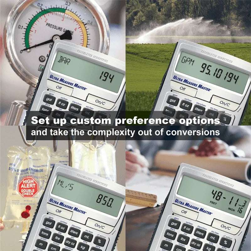 Ultra Measure Master calculator by Calculated Industries shown in multiple usage scenarios for pressure, irrigation, medical, and measuring conversions.