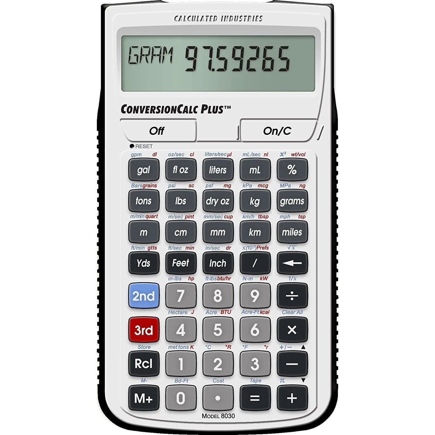 ConversionCalc Plus calculator model 8030 by Calculated Industries displaying 97.59265 grams, offered by Underwood Distributing Co.