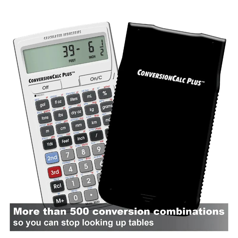 ConversionCalc Plus calculator by Calculated Industries with black cover, showing feet to inches conversion, featured by Underwood Distributing Co.