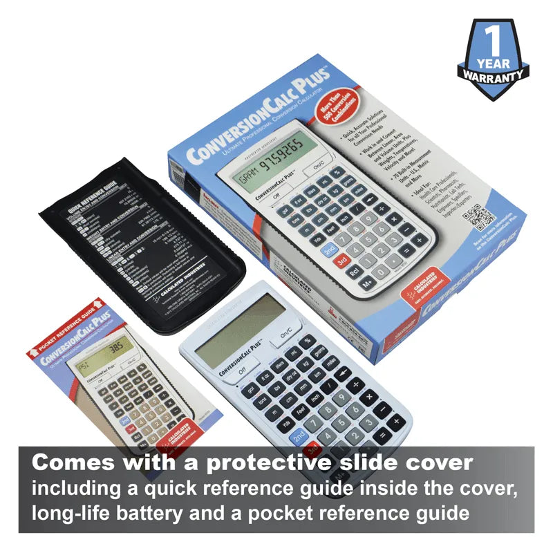 ConversionCalc Plus calculator with box, slide cover, and reference guides from Underwood Distributing Co.