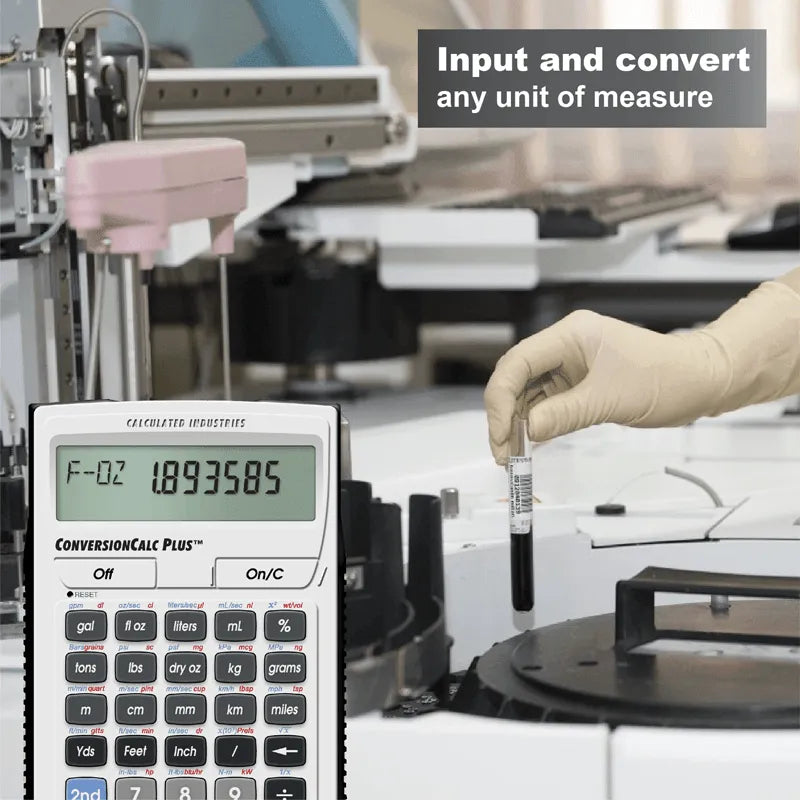 ConversionCalc Plus calculator in a lab with gloved hand holding test tube, Underwood Distributing Co.