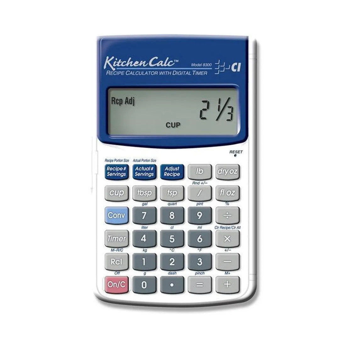 KitchenCalc 8300 recipe calculator with digital timer, blue and white, Underwood Distributing