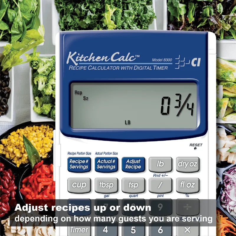 KitchenCalc recipe calculator with digital timer on a counter surrounded by fresh vegetables, Underwood Distributing Co.