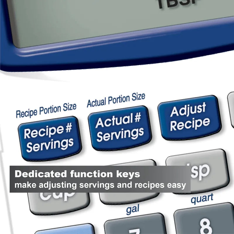 Close-up of KitchenCalc calculator recipe and serving keys for easy portion adjustments, Underwood Distributing Co.