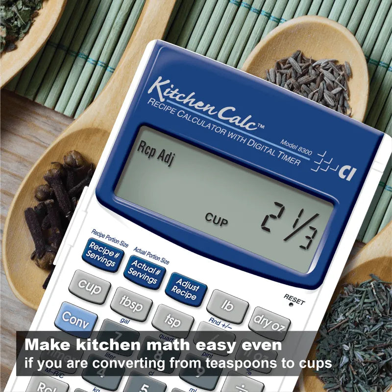 KitchenCalc recipe calculator with digital timer on a wooden table, surrounded by spices, displaying cup conversion, from Underwood Distributing Co.