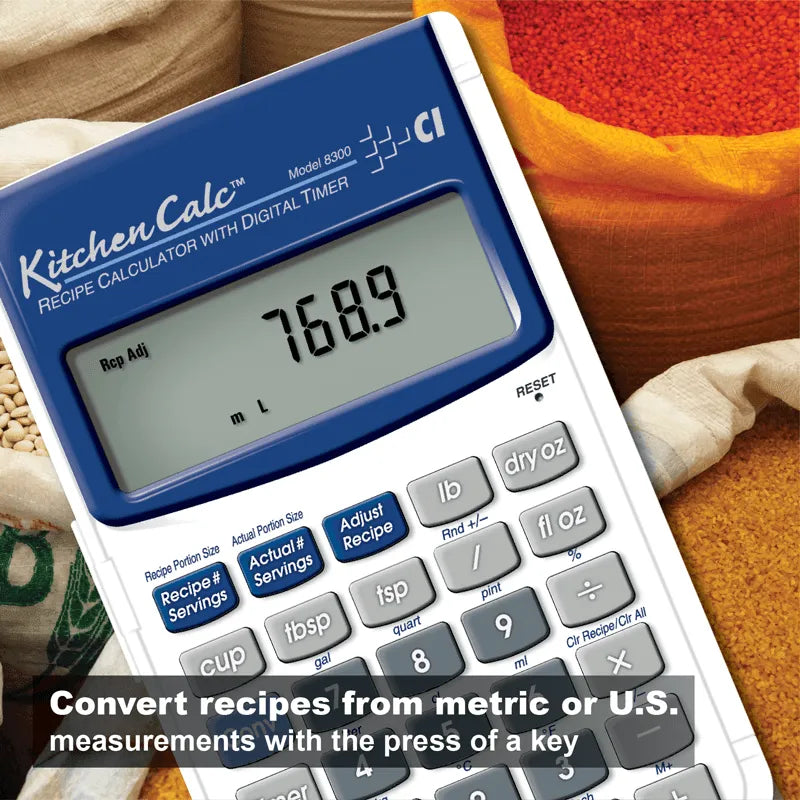 KitchenCalc recipe calculator for metric and US measurements, displayed with kitchen ingredients.
