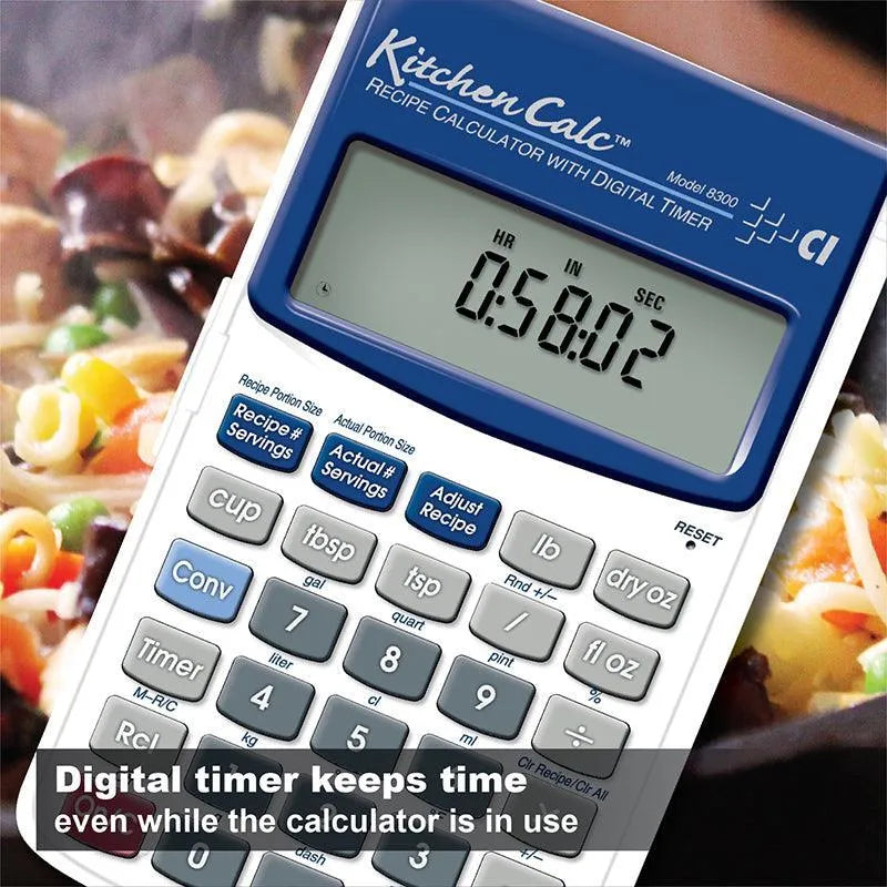 KitchenCalc digital recipe calculator with timer, pasta dish in background, Underwood Distributing Co.