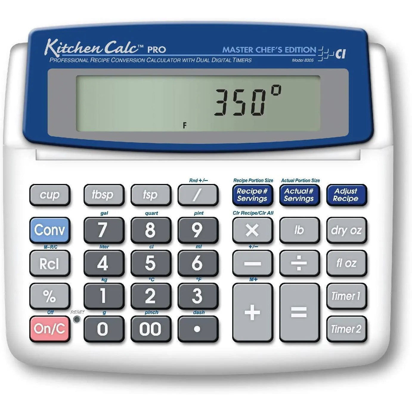 Kitchen Calc Pro Master Chef's Edition digital recipe conversion calculator with display reading 350°F, available at Underwood Distributing Co.