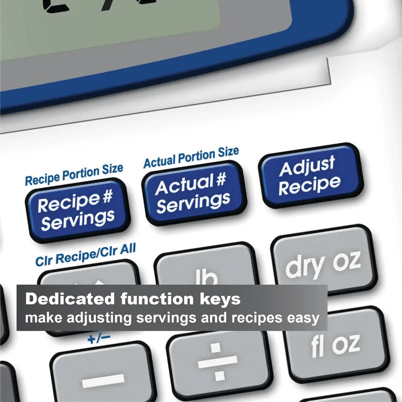 KitchenCalc Pro calculator close-up showing dedicated recipe and serving adjustment keys.