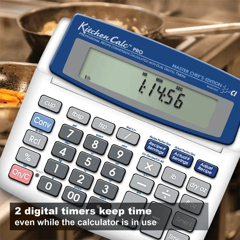 KitchenCalc Pro Master Chef's Edition recipe conversion calculator with digital timers, shown in a kitchen setting, offered by Underwood Distributing Co.