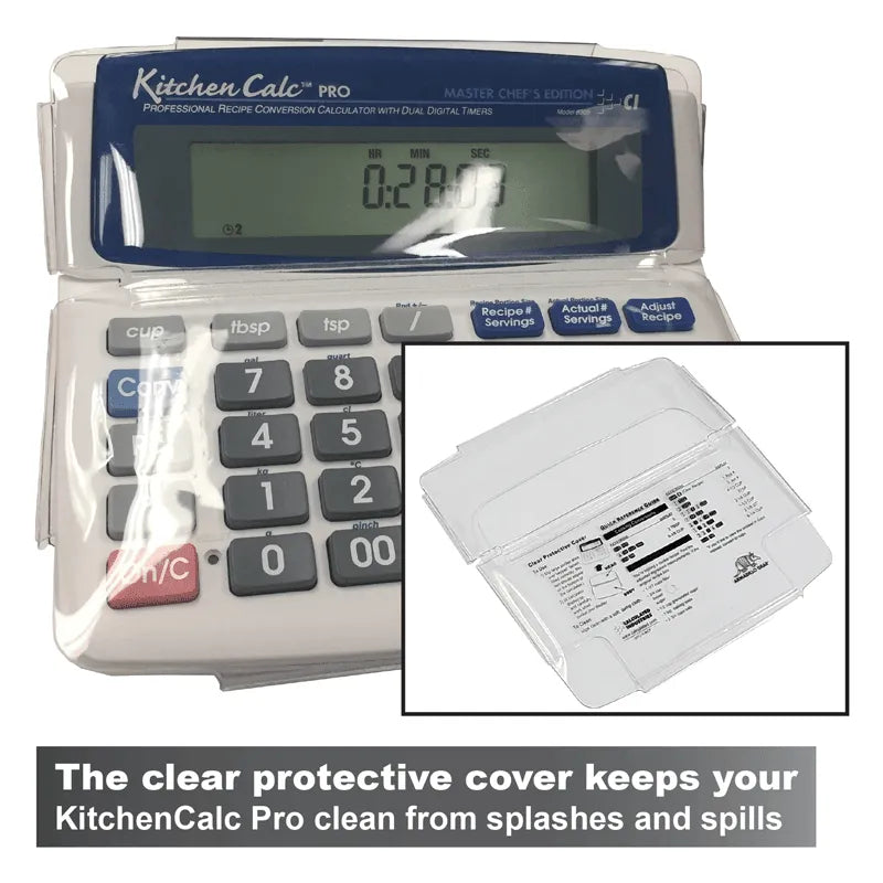 KitchenCalc Pro calculator with clear protective cover, shown close-up, by Underwood Distributing Co.