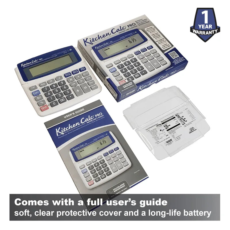 KitchenCalc Pro calculator with packaging, user’s guide, clear cover, and 1-year warranty badge