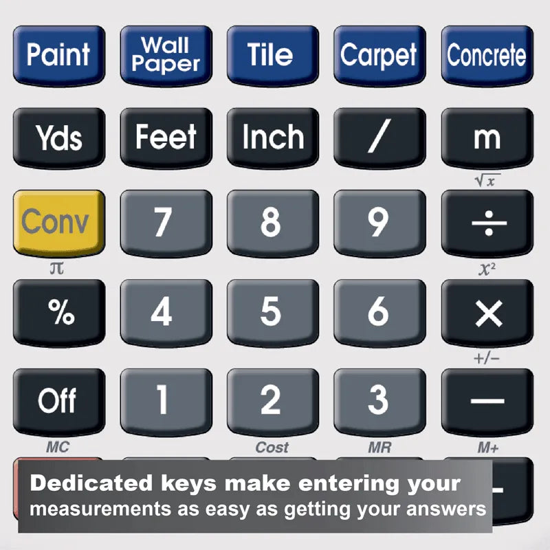 Close-up of a calculator with labeled keys for paint, wallpaper, tile, carpet, and concrete at Underwood Distributing Co.