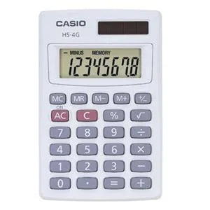 Casio HS-4G handheld calculator with solar panel and grey keypad, Underwood Distributing