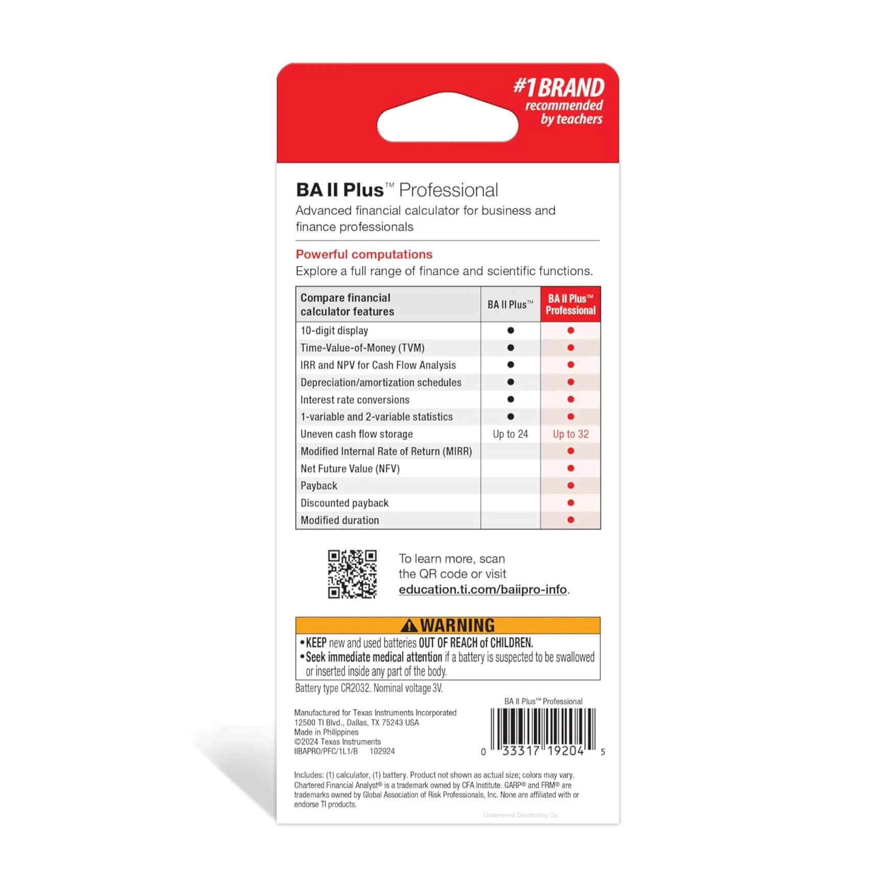 Back packaging of Texas Instruments BA II Plus Professional financial calculator from Underwood Distributing Co, showing feature comparison and product details.