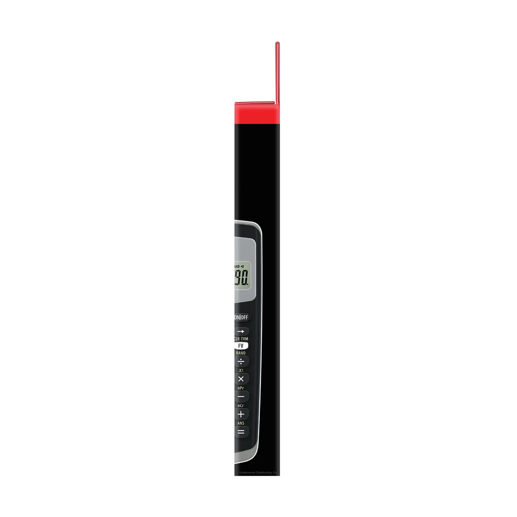 Side view of BA II Plus financial calculator with red cover, sold by Underwood Distributing Co.
