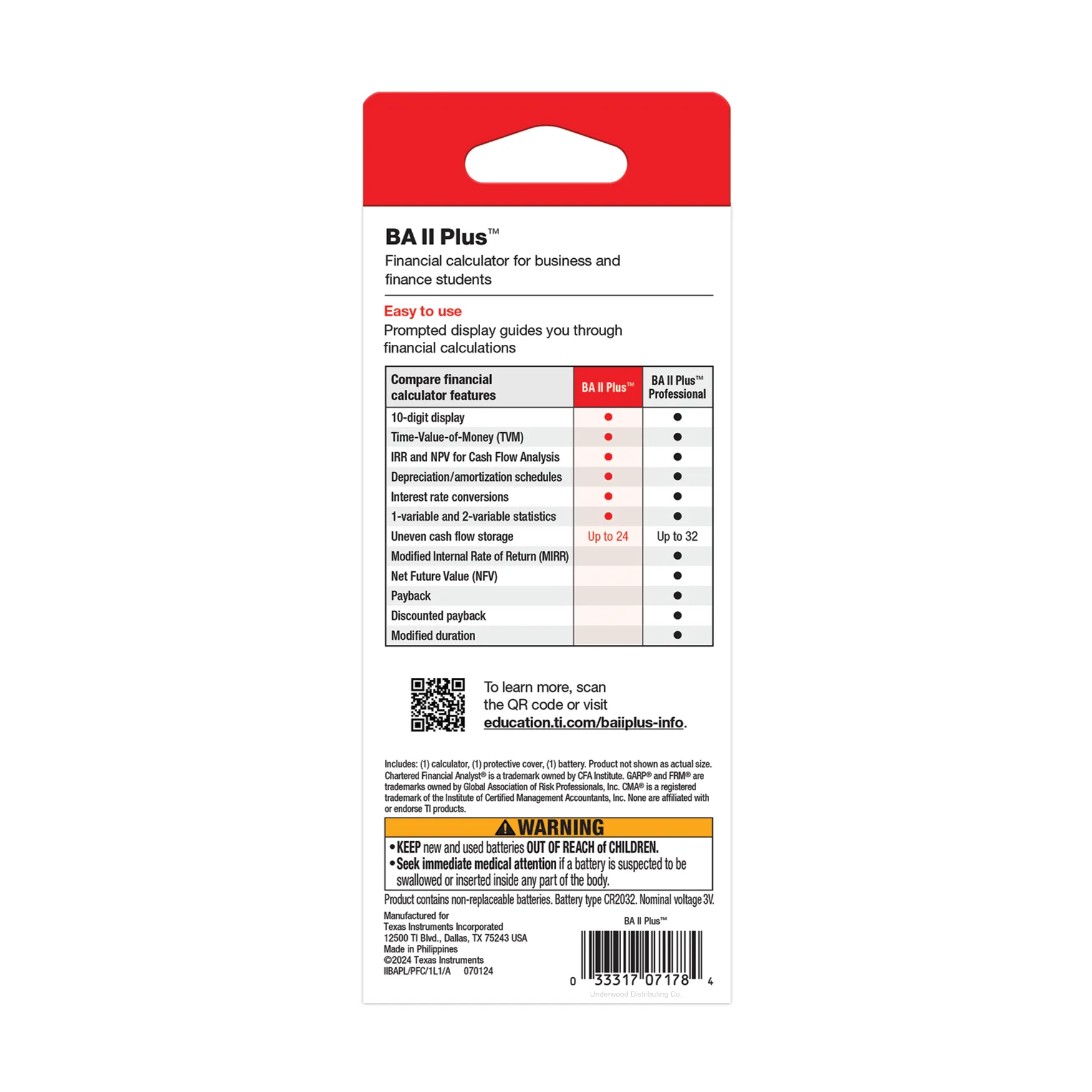 Back packaging of BA II Plus financial calculator, feature comparison chart, Underwood Distributing Co.