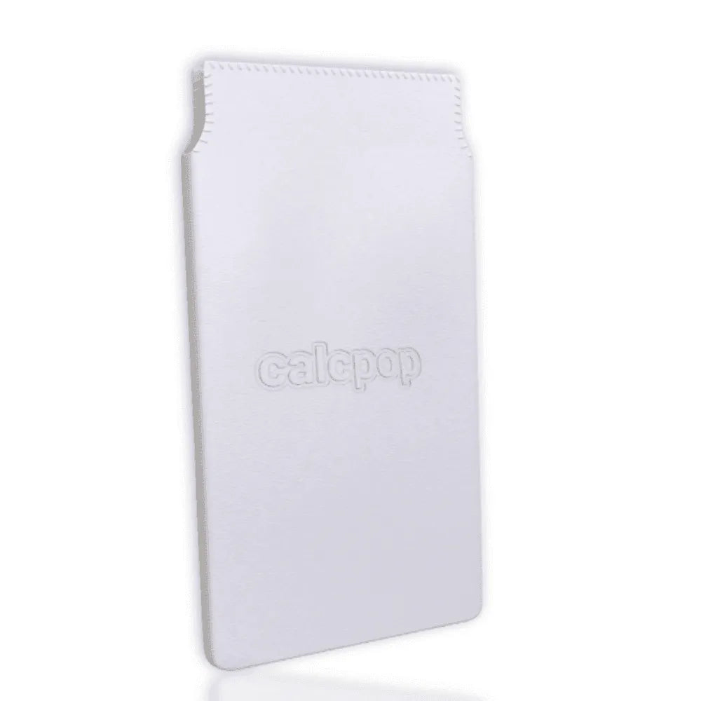 White faux leather calculator cover with calcpop logo, compatible with BA II Plus by Underwood Distributing Co.