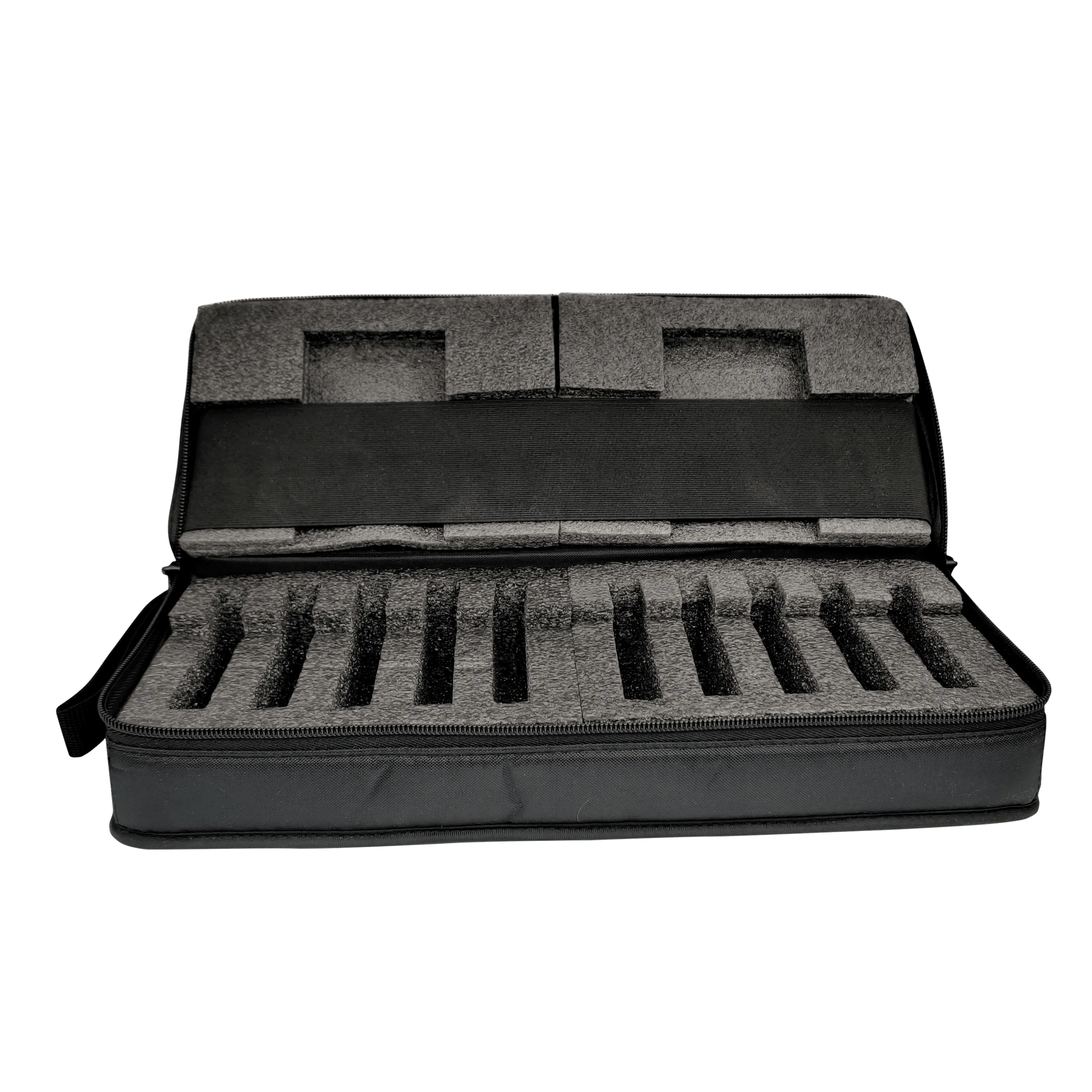 Black padded case for TI-Navigator, holds 10 units, open with foam slots, Underwood Distributing Co.