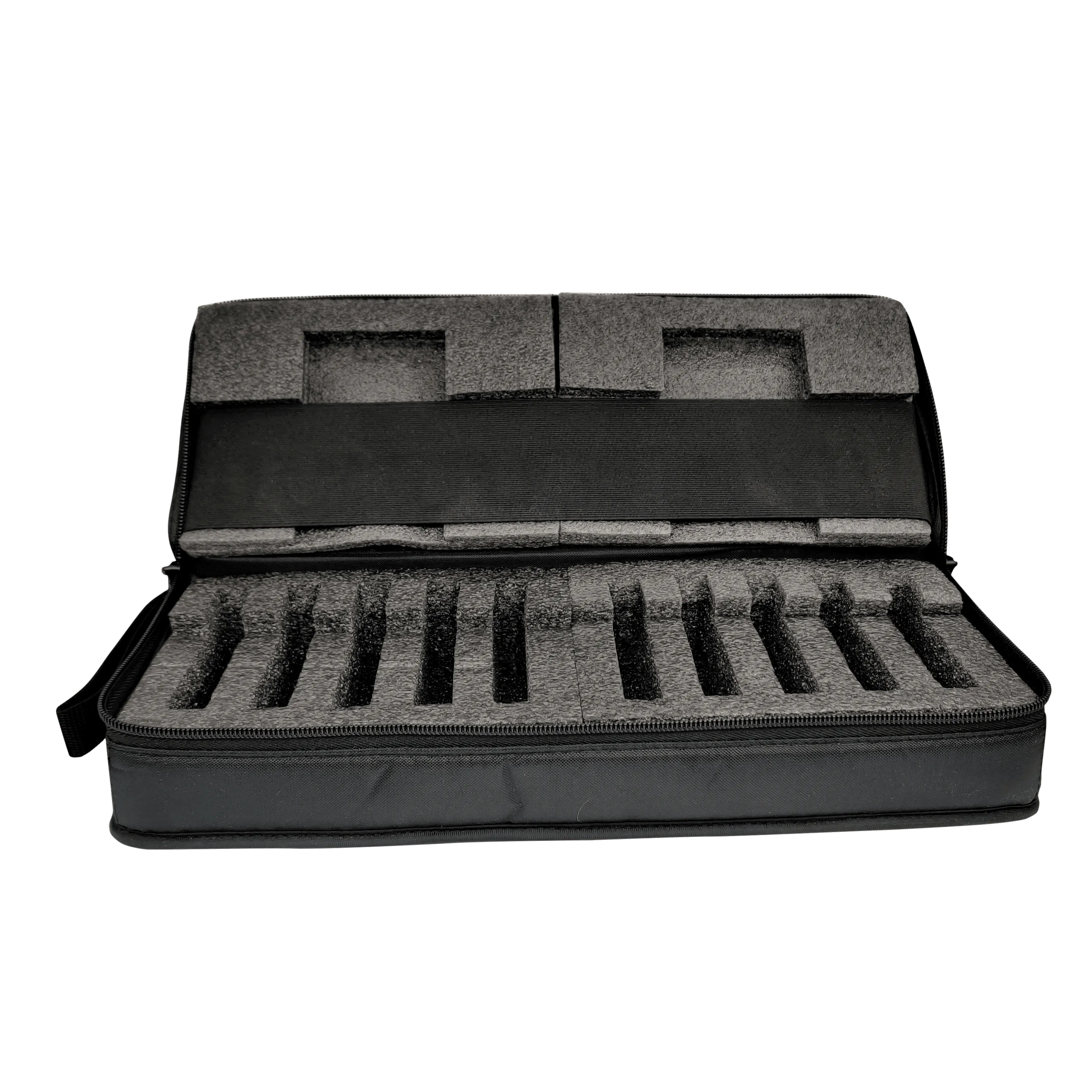 Black padded case for TI-Navigator, holds 10 units, open with foam slots, Underwood Distributing Co.