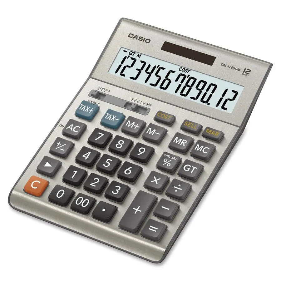 Casio DM-1200BM desktop calculator with large 12-digit display, tax and cost function keys