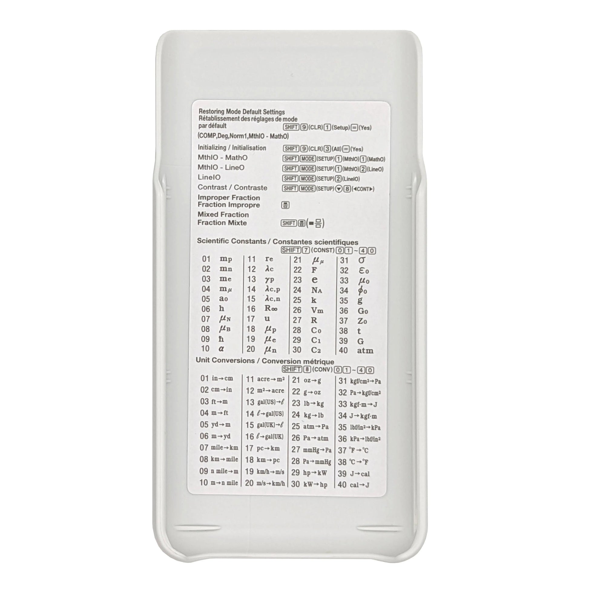 Back of Casio fx-115ES Plus 2nd Edition calculator showing scientific constants and conversions